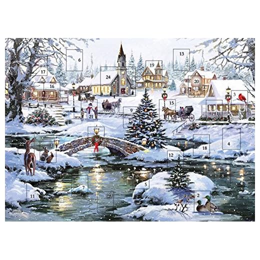 Traditional Advent Calendar Christmas Snow Scene - Glitter Finish 24 Doors