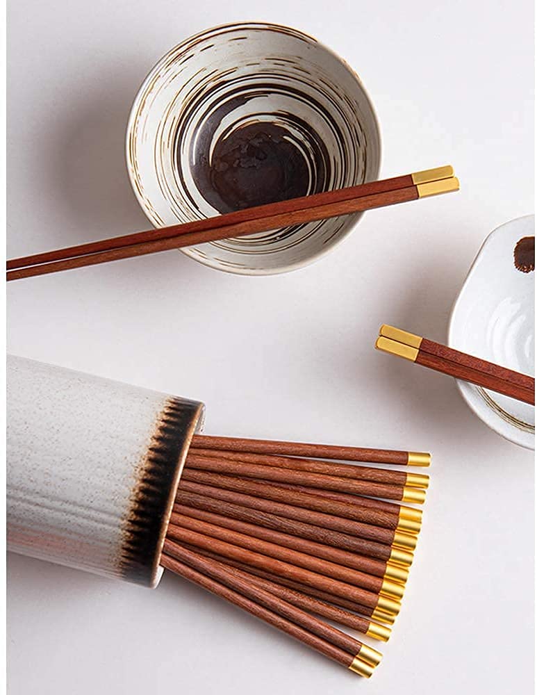 Baguettes Baguettes Baguettes Réutilisables Baguettes Japonaises Réutilisables Ensemble, Baguettes à Tête en Bois Naturel et Laiton pour Sushi Nouilles Riz Adultes Enfants Vaissell(C)