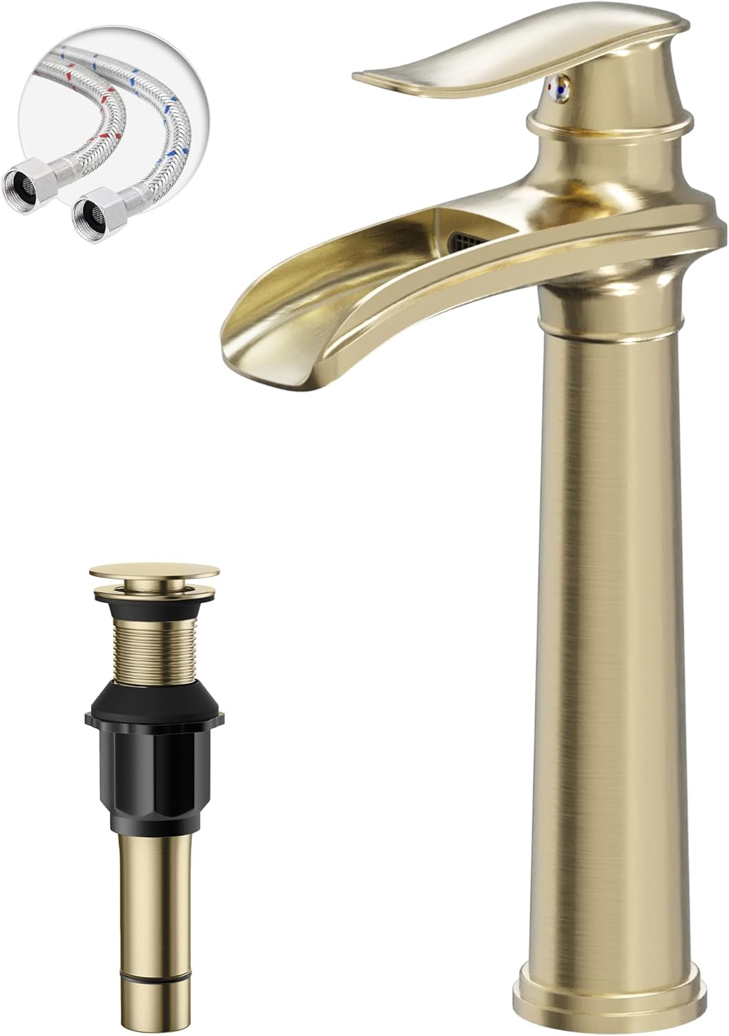 Vessel Sink Faucet Brushed Gold, 12 Inch Waterfall Bathroom Faucet Single Hole with Pop Up Drain Assembly and Supply Hoses, Single Handle Tall Bathroom Faucets Lavatory Vanity Mixer Tap Brass Body
