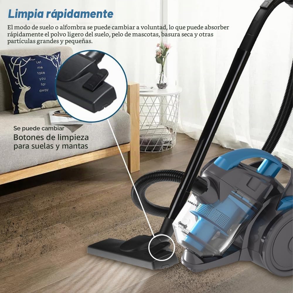 Aspirador de trineo sin bolsa, 2000 W, aspiradora sin bolsa con cable, capacidad de 1,8 litros, filtración HEPA, radio de acción de 5 m, para alfombras, suelos duros, pelo de animales y polvo