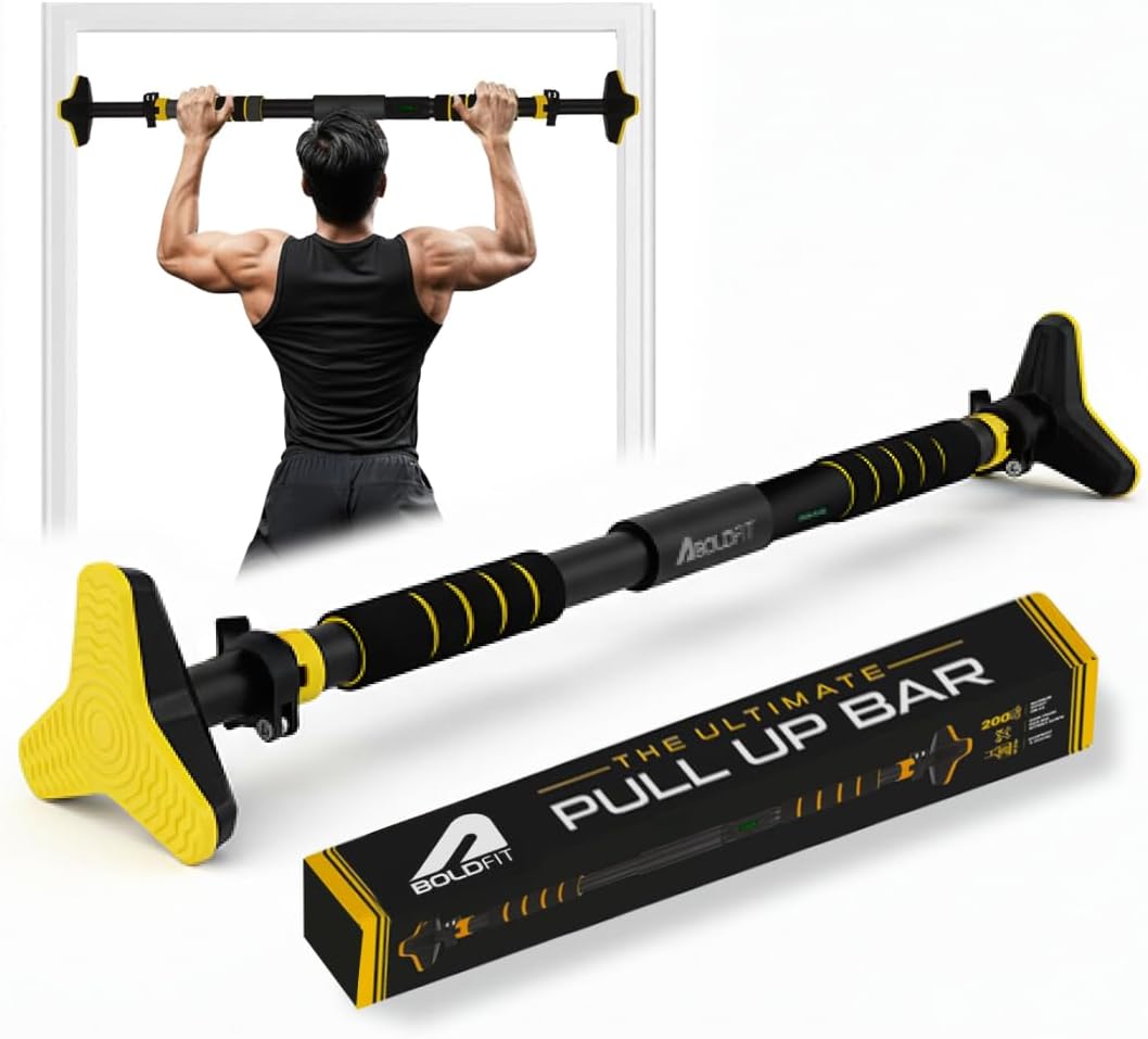 Boldfit Pull Up Bars For Home Workout Chin Up Bar Gym Accessories for Men Door Way Adjustable (72-104 Cms) Hanging Rod Without Screw Anti-Skid Grip Strength Training Exercise Pullup Bar 200 Kg Max Wt.