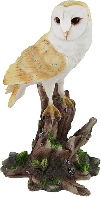 Barn Owl Vigilantly Perched on Tree Stump Statue