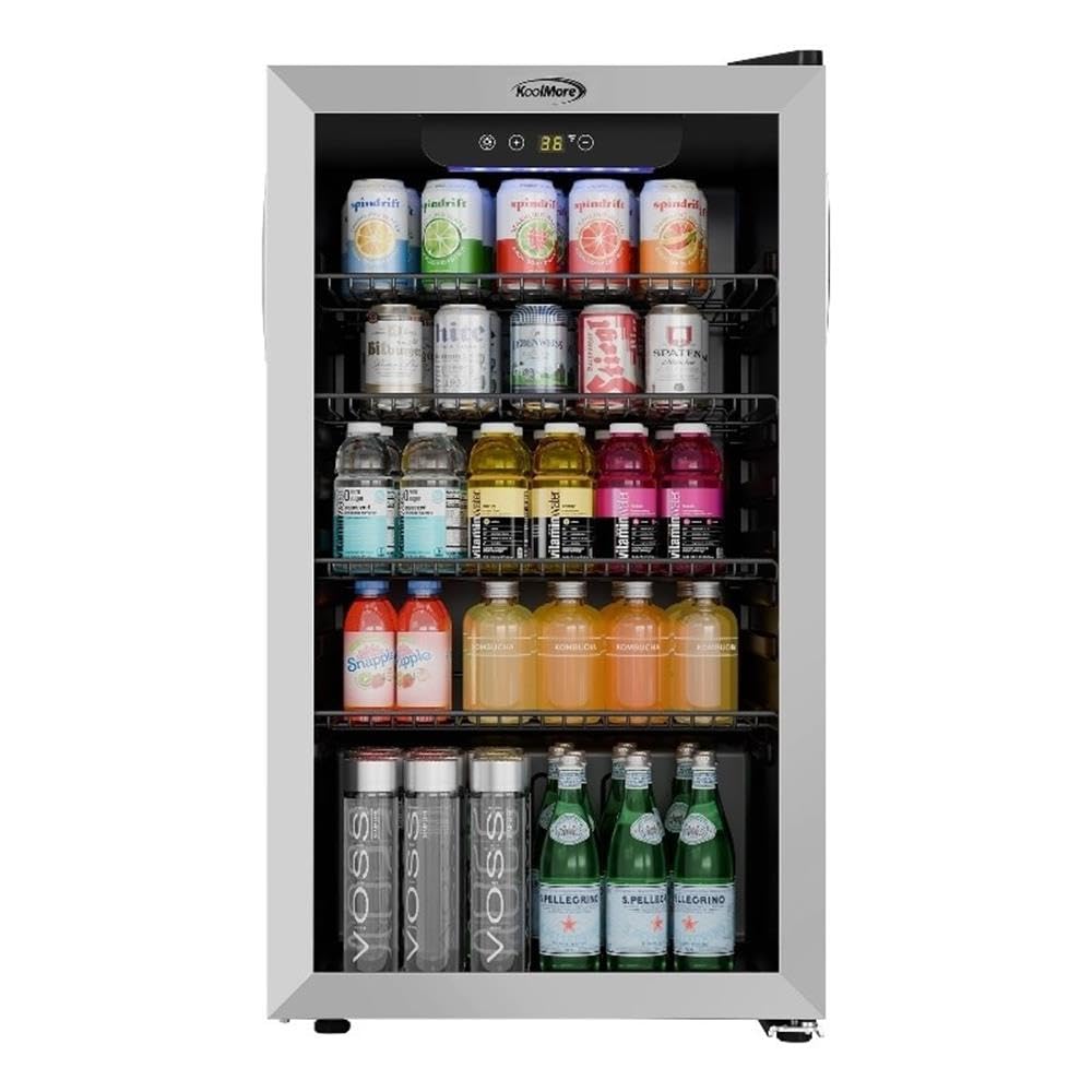 Pemberly Row 18" 3.2 Cu. Ft. Beverage Refrigerator, Black Finish, Tempered Glass Door, Digital Temperature Control, Illuminated Blue LED, Holds 119 Cans, Compact Merchandiser for Home or Commercial on Fridge.com