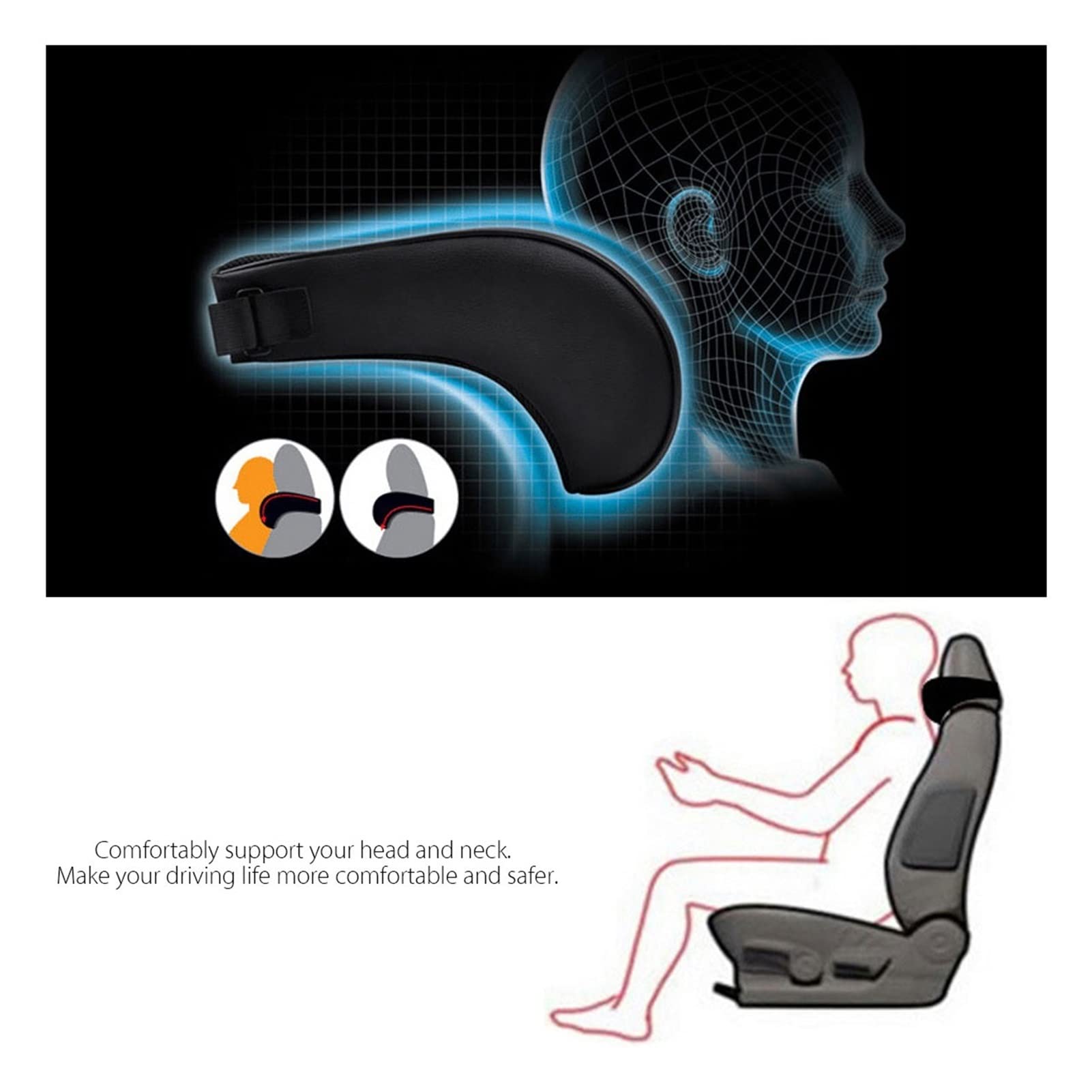 PU Cuero Auto Coche Cuello Almohada Espuma viscoelástica Relleno Asiento Reposacabezas Cojín Reposacabezas Protección para la Cabeza Soporte para el Cuello Almohada (Color : Black)