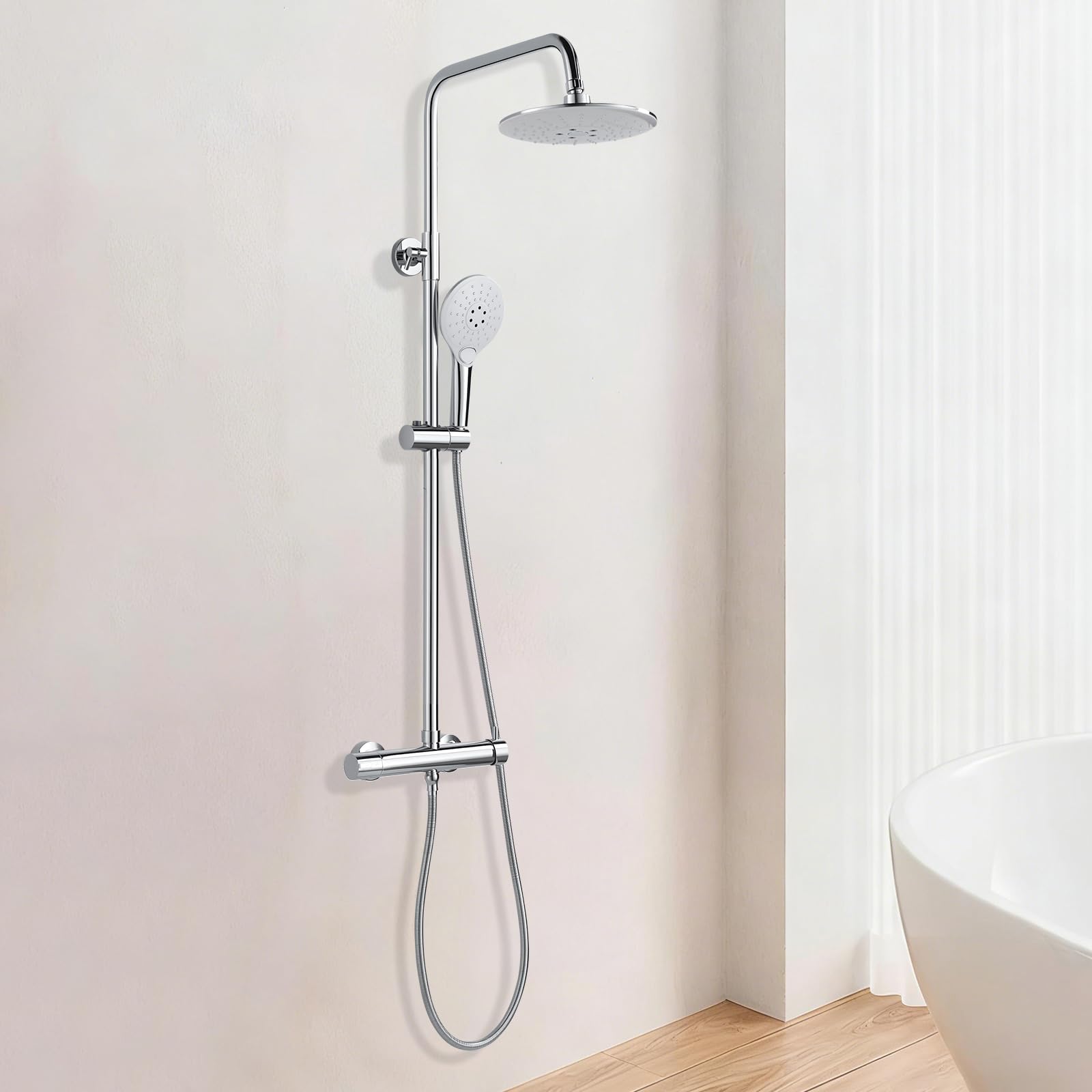 Duschsystem mit Armatur Chrom Runden Duschset ohne Thermostat aus Messing | Duscharmatur Komplettset Höhenverstellbar 80-117cm, Duschamaturenset mit 22 cm Regendusche, 3 Strahlarten Handbrause, 150mm