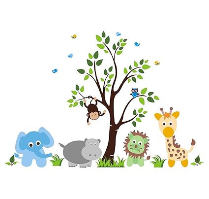 Wallstick Cartoon Animals with Tree wallstickers (Vinyl 80 cm x 50 cm)