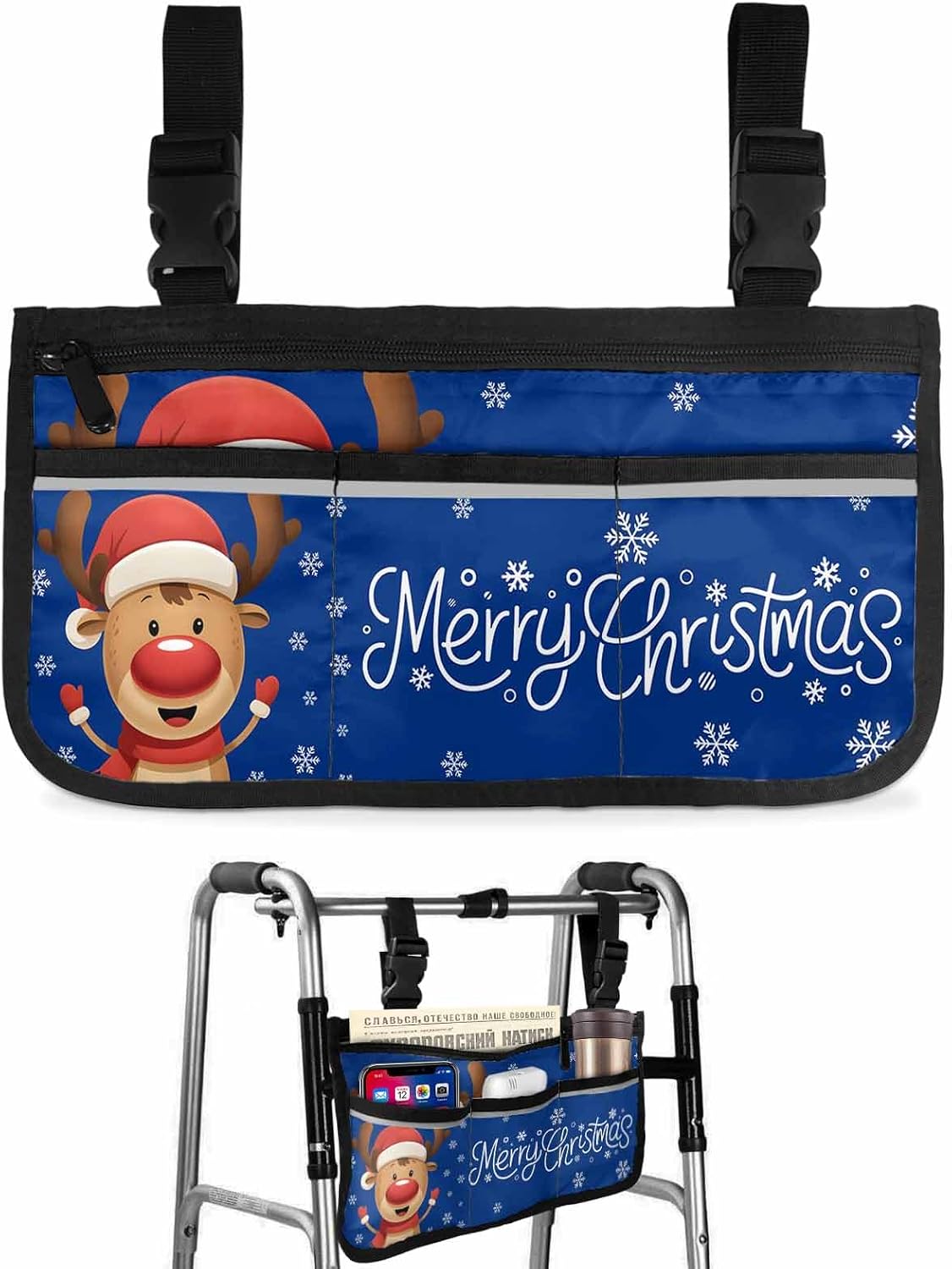 Merry Christmas Wheelchair Side Bag Walker Bag Basket, Blue Winter Xmas Hat Deer Snowflake Wheelchair Accessories Armrest Pouch, Organizer Storage Bags for Walkerers, Rollators, Scooters, 7.3"x13"