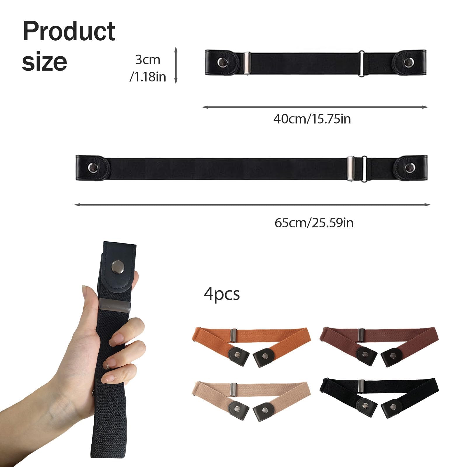 Pack de 4 cinturones elásticos sin hebilla para adultos y niños, Cinturones ajustables invisibles para niños y niñas, negro, marrón, beige y camello. Adaptados para edades de 3 a 15 años