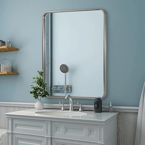 Miniatura 9 de ANDY STAR Espejo de níquel cepillado de 24 x 32 pulgadas, espejos rectangulares redondeados con marco de metal plateado para baño, antioxidante