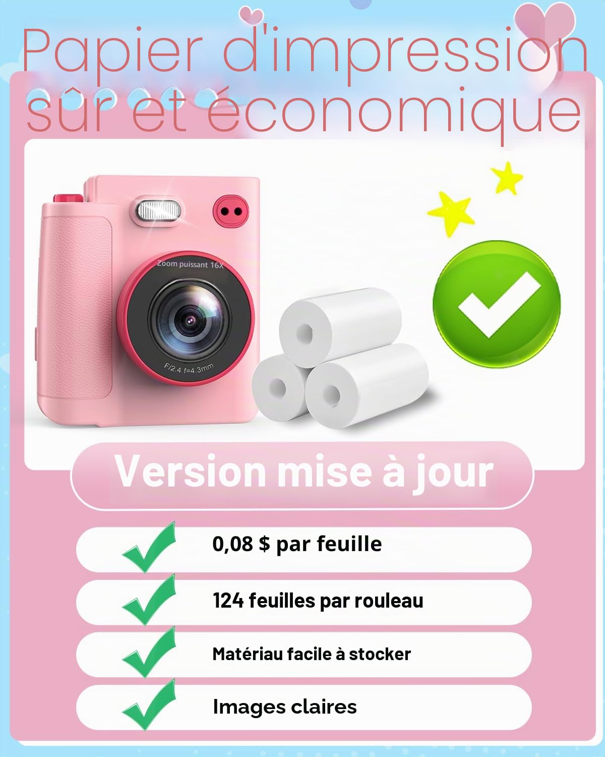 Appareil Photo Instantané Enfants, 1080P Appareil Photo Numérique Enfant & Caméra Vidéo avec Carte de 32GB & Papier d'impression, Noël & Anniversaire Cadeaux pour Garçons/Filles de 3-12 Ans