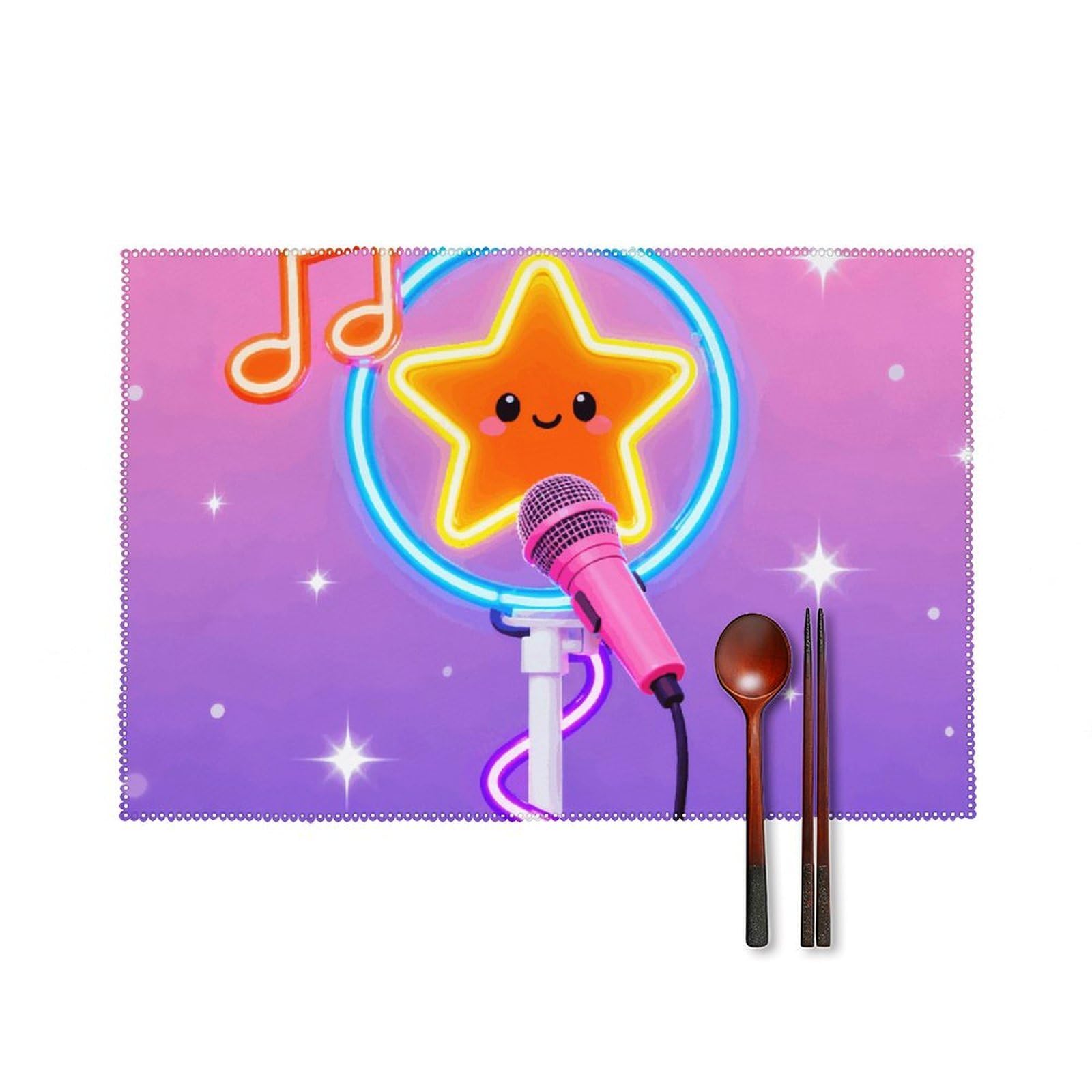 Cute Neon Music Placemats Set of 6, 12x18 Inch Heat Resistant Washable Canvas Table Mats, Stain Resistant Decorative Dining Placemats for Kitchen, Restaurant, Outdoor Party