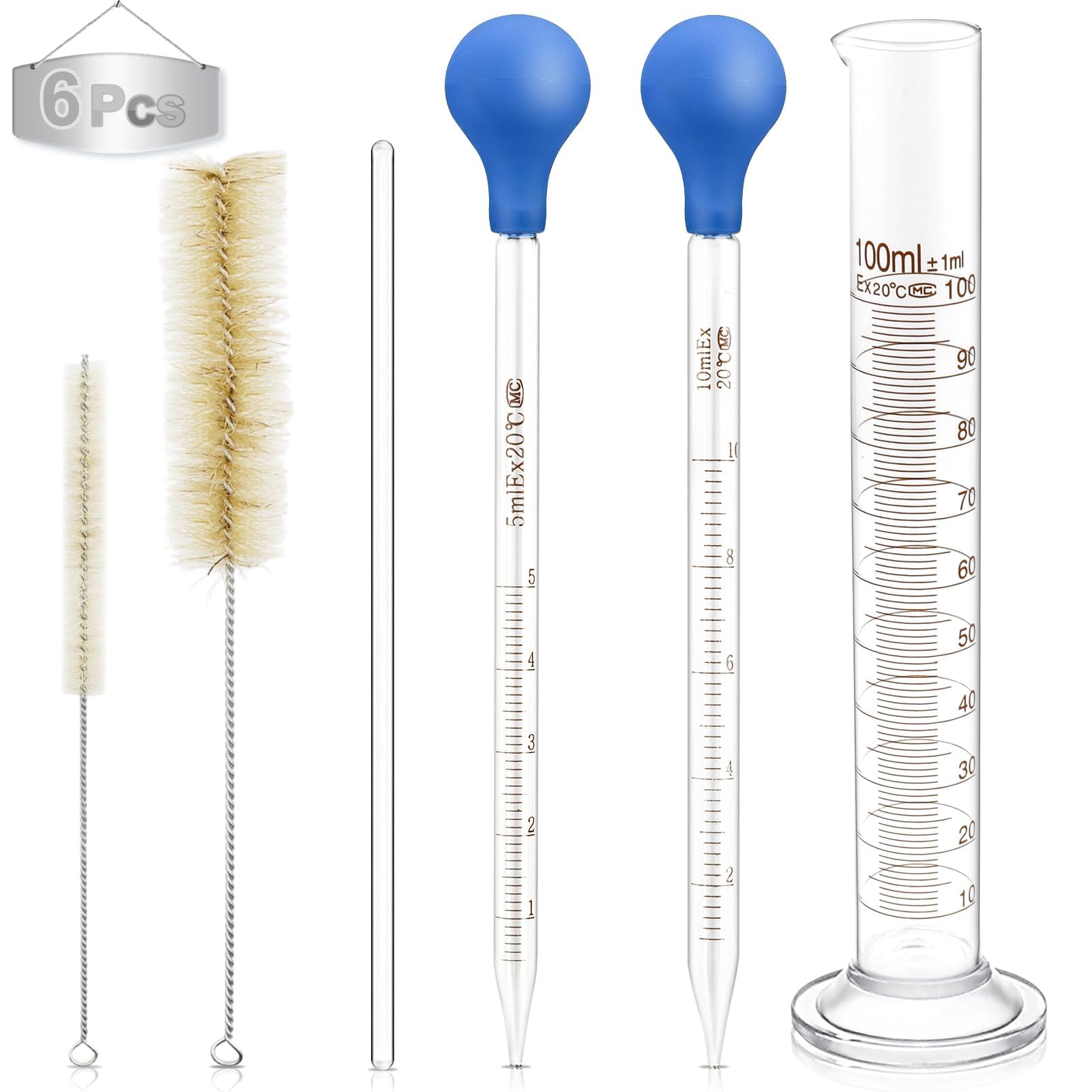 6 Stück Transfer Pipette 5ml 10ml,Glas Pipetten,Glaspipette mit Bürsten und 100ml Messzylinder,Glas Pipette Dropper,Measuring Pipettierer,Tropfpipette für Labor Lebensmittel Forschung Medizin Schule