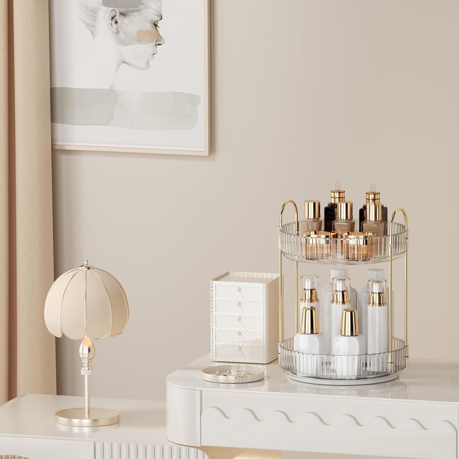 Organizzatore di Trucco Rotante a 360°, Porta Trucchi Organizzatore Grande Capacità,Organizzatore di Profumi,Organizer Trucchi Multifunzione per Toeletta,Camera da Letto,2 Livello Trasparente