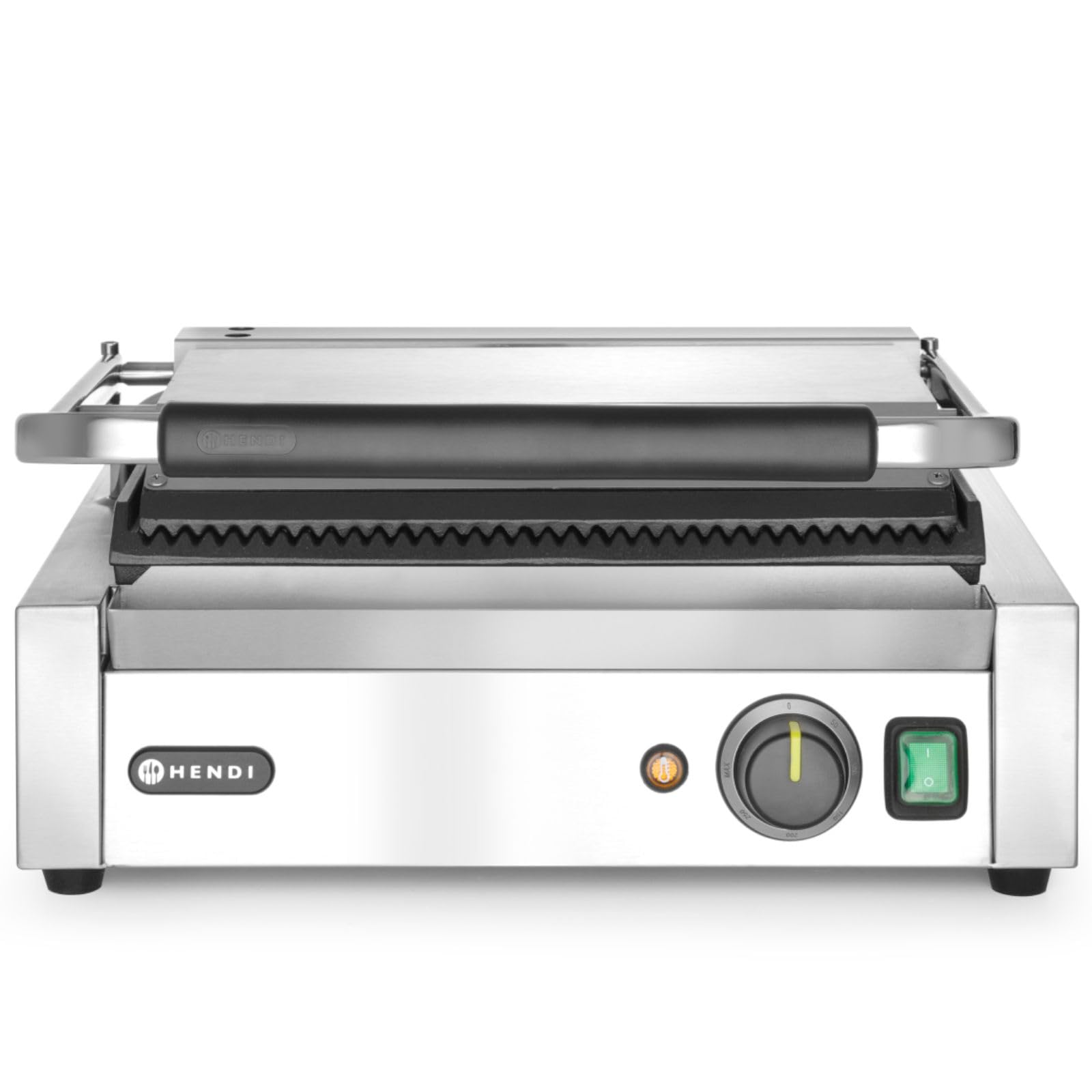 HENDI Kontaktgrill, Panini, gerillte Ausführung, inkl. Grillreinigungsbürste, Temperatur bis 300°C regelbar, Grillfläche 340x235mm, Elektrogrill, 230V/2200W, 430x375x(H)216mm, Edelstahl