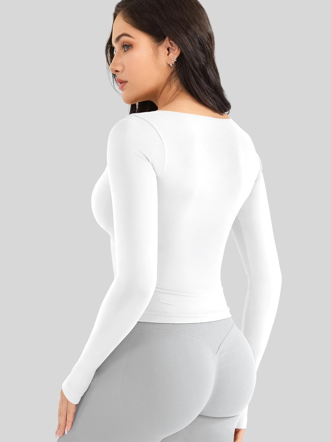 YEOREO Long Sleeve Workout Tops for Women Padded Deep V Neck Double Lined Impact Tops Agniee Slim Fit Gym Athletic Shirts - Image 2