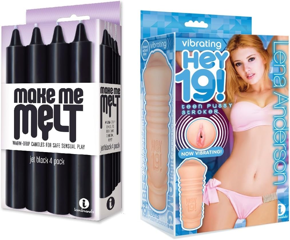 Sex Toy Couples kit of Make Me Melt Sensual Warm-Drip Candles, 4 Pack, Jet Black and Icon Brands Vibrating Pussy Stroker Lena