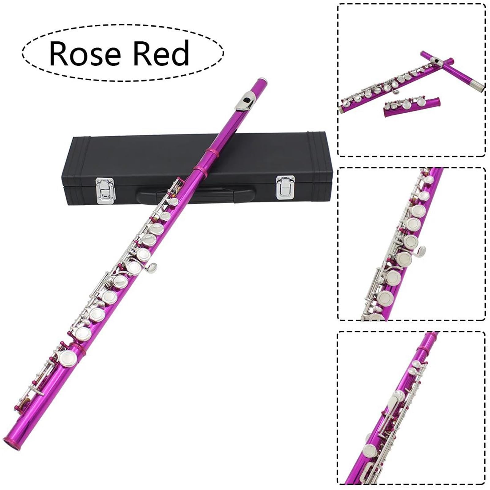 Classic Flet Poprzeczny 16 Zamkniętych Otwartych Otworów C Flet Instrument Dęty Drewniany Profesjonalny Koncert Z Kluczem E Trwały(Rose Red)
