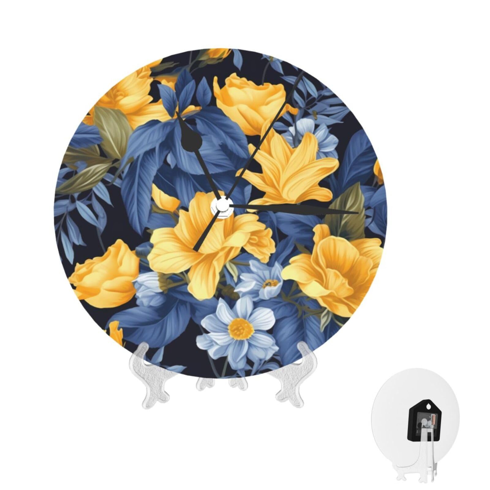 Horloge murale moderne ronde décorative bleue et jaune de 25 cm pour salon