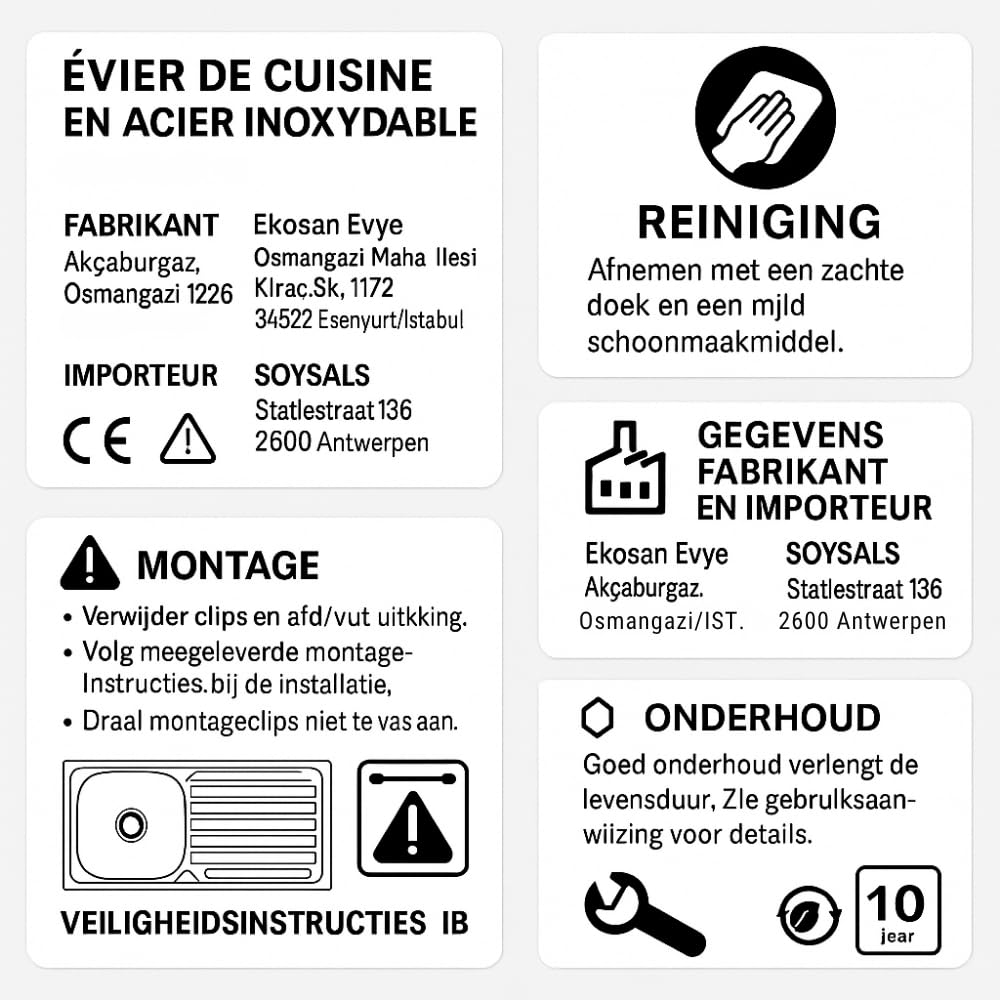 Evier Inox 1 Bac en acier inoxydable 76 x 43,5 cm – Évier encastrable – Avec siphon, trou de robinet et égouttoir