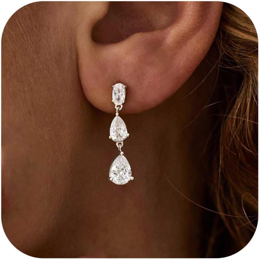 Ewrkbr Dangle Earrings for Women, Formal Wedding Bridal Earrings 14K Gold Plated Long Cubic Zirconia Drop Earrings for Women Trendy Dainty Gold Earrings Bridesmaid Teardrop Earrings Prom Jewelry