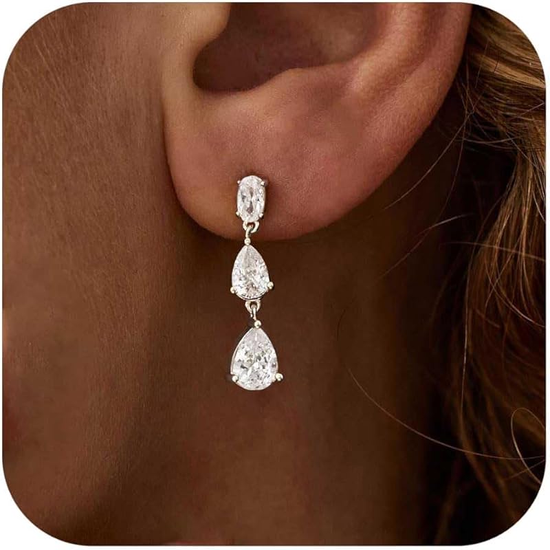 Ewrkbr Dangle Earrings for Women, Formal Wedding Bridal Earrings 14K Gold Plated Long Cubic Zirconia Drop Earrings for Women Trendy Dainty Gold Earrings Bridesmaid Teardrop Earrings Prom Jewelry