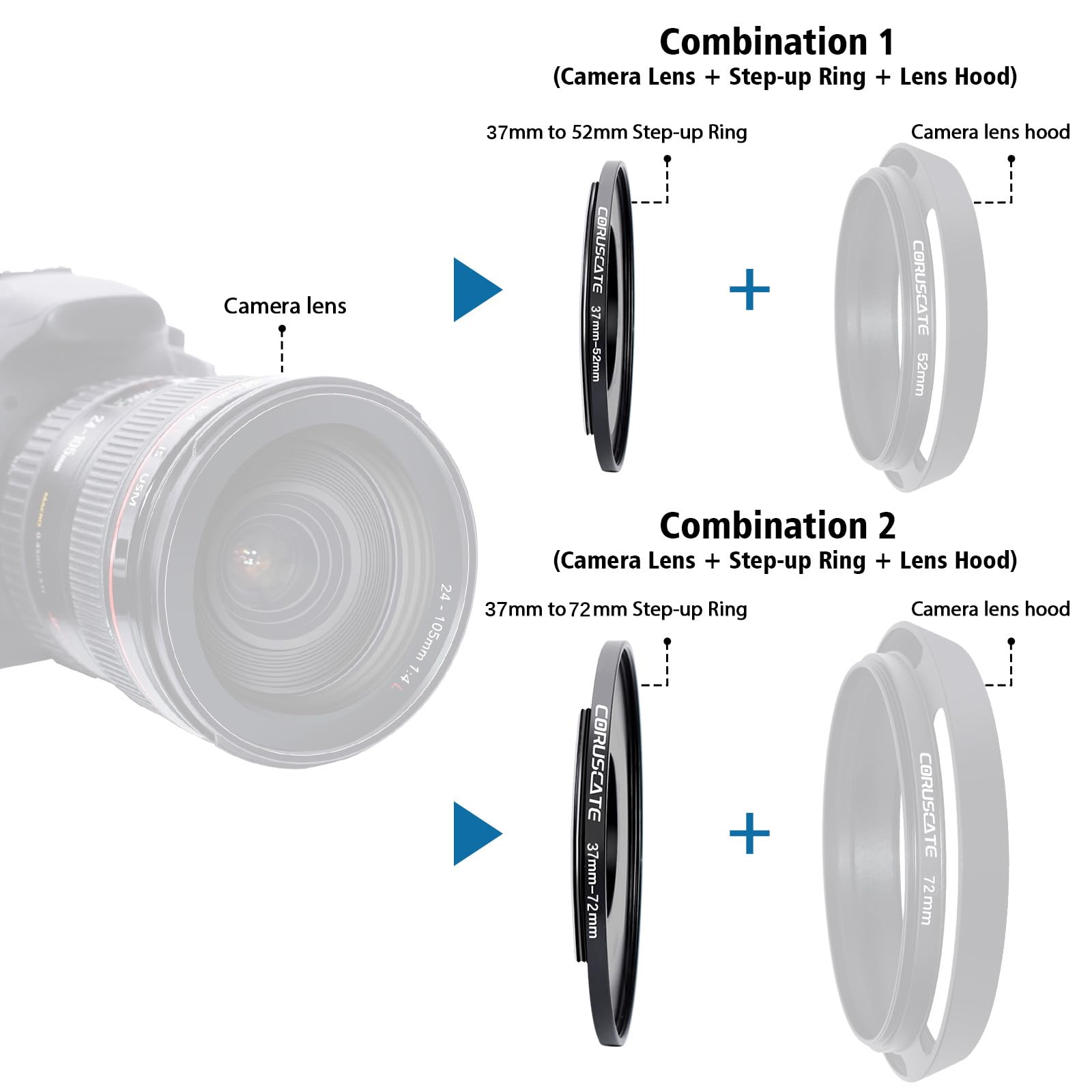 Lot de 10 adaptateurs de bague de filtre de 37 mm pour toutes les marques d'objectifs d'appareil photo de 37 mm - Tailles : 37-40,5/37-43/37-46/37-49/37-52/37-55/37-58/37-62/37-67/37-72 mm + 1 chiffon