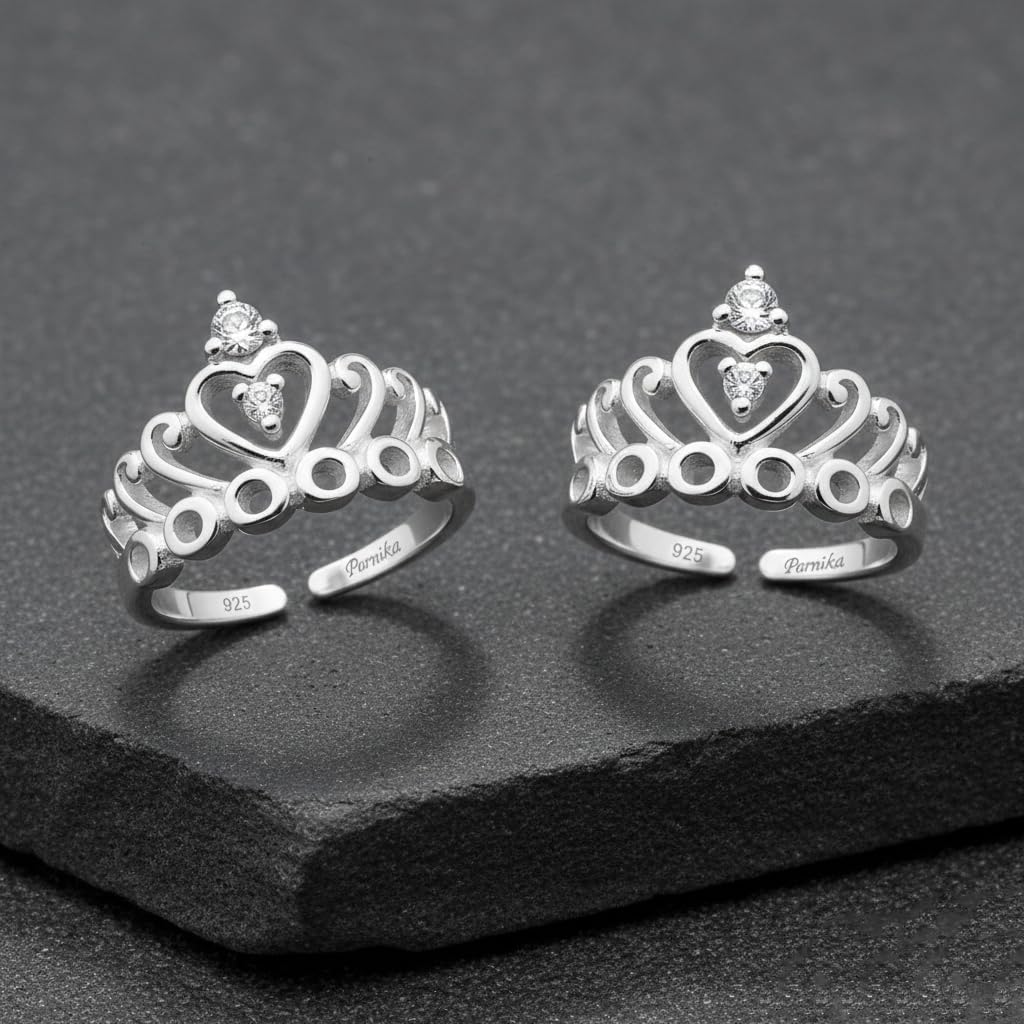 Parnika Exquisite Crown Design Silver Toe Rings in Pure 92.5 Sterling Silver for Women | Chandi Bichiya | With Certificate of Authenticity | Metti | (CZ) 2