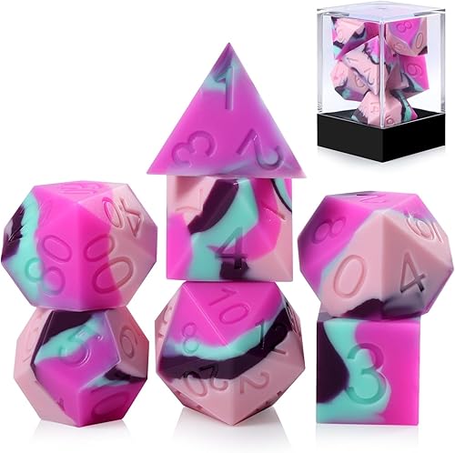 Miniatura 6 de Juego de dados de silicona DND, Dungeons and Dragons D&D RPG poliédricos blandos y hinchables de goma D y D con estuche protector (rosa, rosa, azul