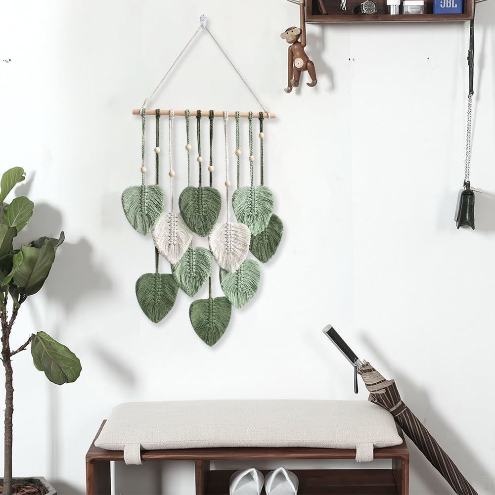 Faderr Macramé Décoration Murale Bohème Avec Perles Et Feuilles Vertes - Style Chic