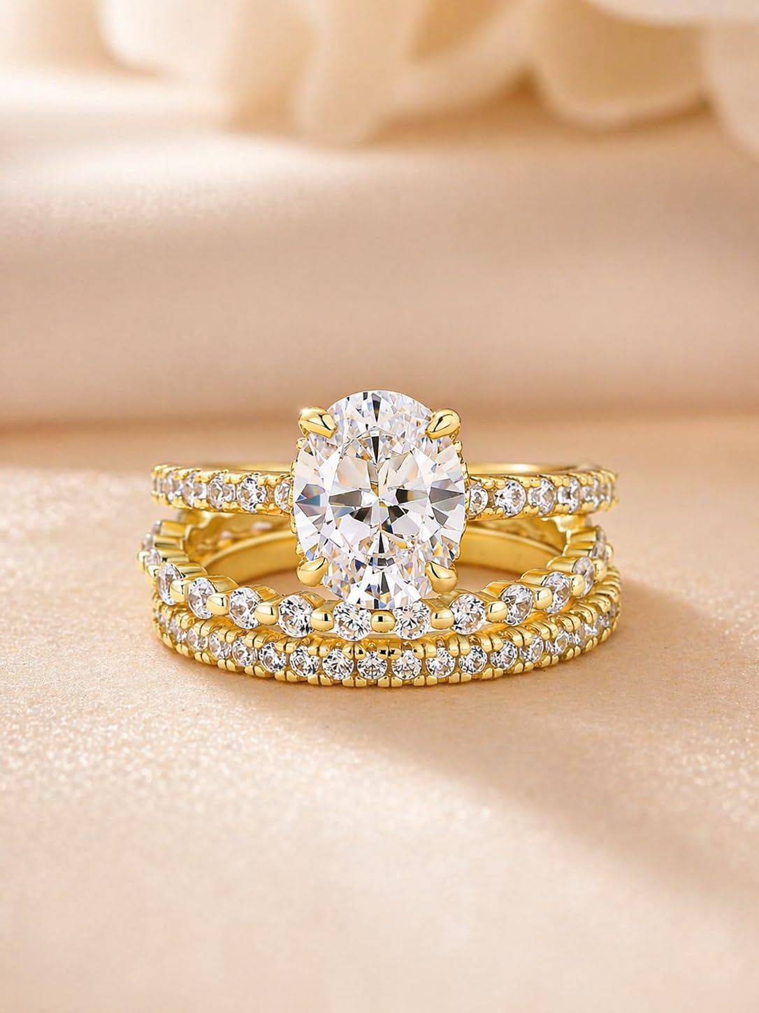 Maxinejewelry 2.0 Carat Oval Wedding Ring Set for Women, 3 Piece 14K Gold Plated Engagement Ring Set, with Two Matching Wedding Bands, S925 Sterling Silver Bridal Jewelry