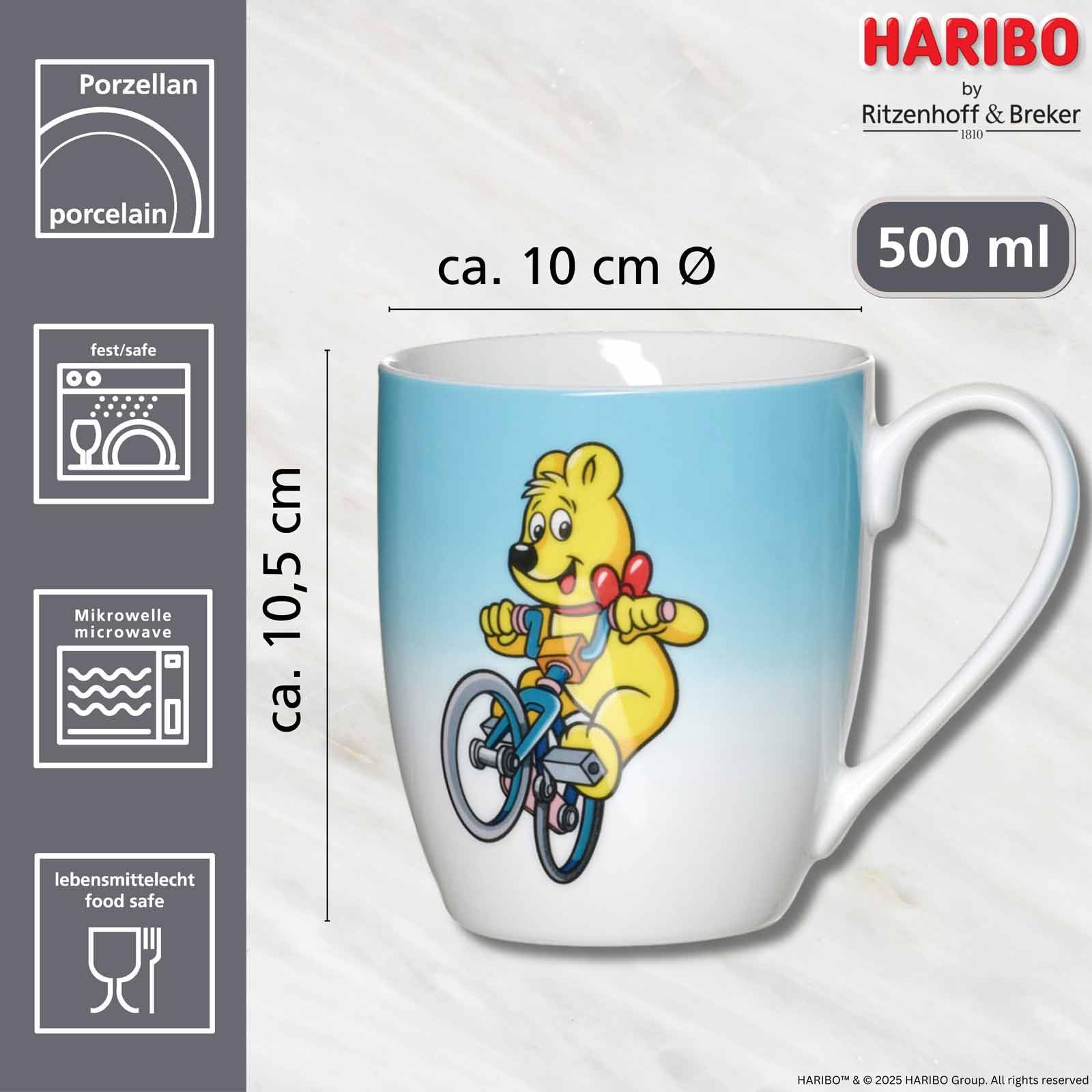 Ritzenhoff & Breker HARIBO Sport Becher 500 ml – 6er Set | XL Porzellan Tassen mit Goldbär Sport-Motiv | Spülmaschinenfest & Mikrowellengeeignet | Geschenkidee für Haribo-Fans