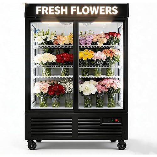 Commercial Flower Beverage Cooler Floral Display Fridge,Glass Door Drink Refrigerator with LED Light Adjustable Shelves,ETL Sanitation,Wheels Included,43 Cu Ft,47" Wide,Wheels Included