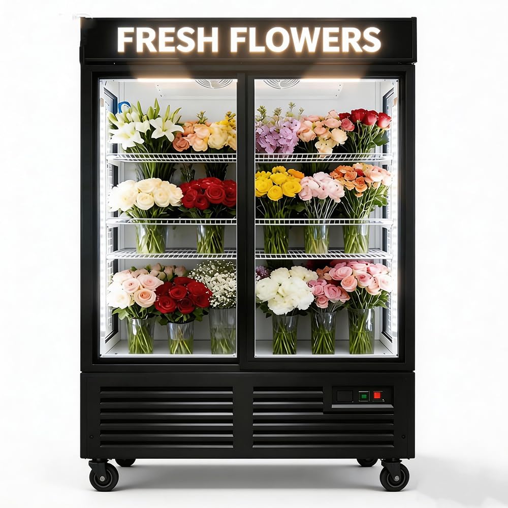 Nafcoool Commercial Flower Beverage Cooler Floral Display Fridge,Glass Door Drink Refrigerator With LED Light Adjustable Shelves,Etl Sanitation,Wheels Included,43 Cu Ft,47" Wide,Wheels Included | Fridge.com