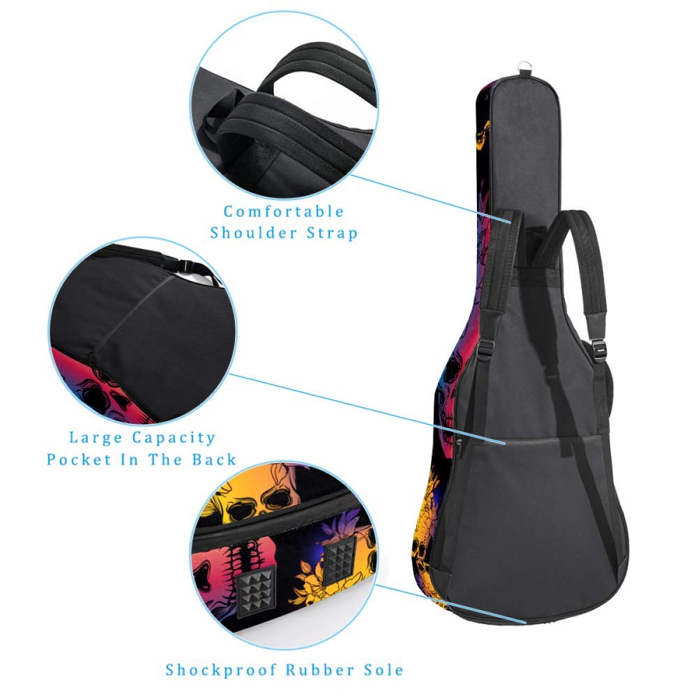 Gitarren-Gigbag, wasserdicht, Reißverschluss, weicher Gitarren-Rucksack, Bass-Akustik- & klassische Folk-E-Gitarrentasche, Regenbogen-Boho-Chic, Schmetterlinge, Totenköpfe