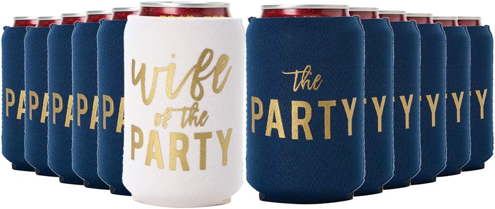 Wife of the Party and The Party, Bachelorette Party Can Coolers, Set of 12 Beer Can Coolies, Perfect Bachelorette Party Decorations and Bridesmaid Gifts (Navy, Regular)