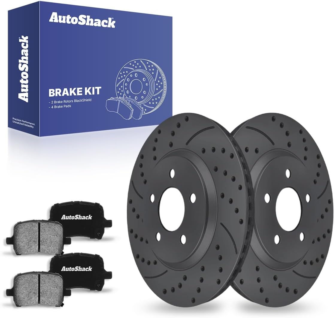 AutoShack Front Vented Drilled & Slotted E-Coated Brake Rotors + Ceramic Pads 6-PC Brake Kit Replacement for 2004-2012 Chevrolet Malibu 2006-2010 Pontiac G6 ShadowGuard 11.65" (295.8 mm)