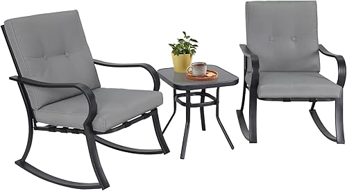 Patiomore Juego de 3 sillas mecedoras para exteriores, muebles de patio, sillas de metal negro y mesa de centro con tapa de vidrio con cojines