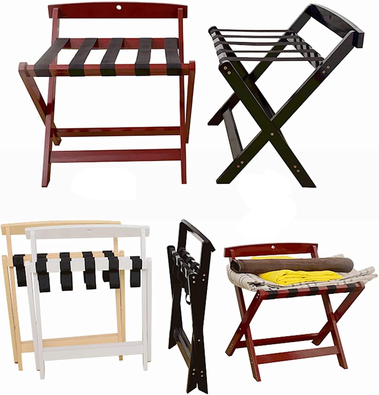 Backrest Straight Leg Wooden Folding Luggage Rack, No Assembly Required, Collapsible Suitcase Holder for Guest Room & Hotel – Black, 23.6" W x 19" D(BLUE)