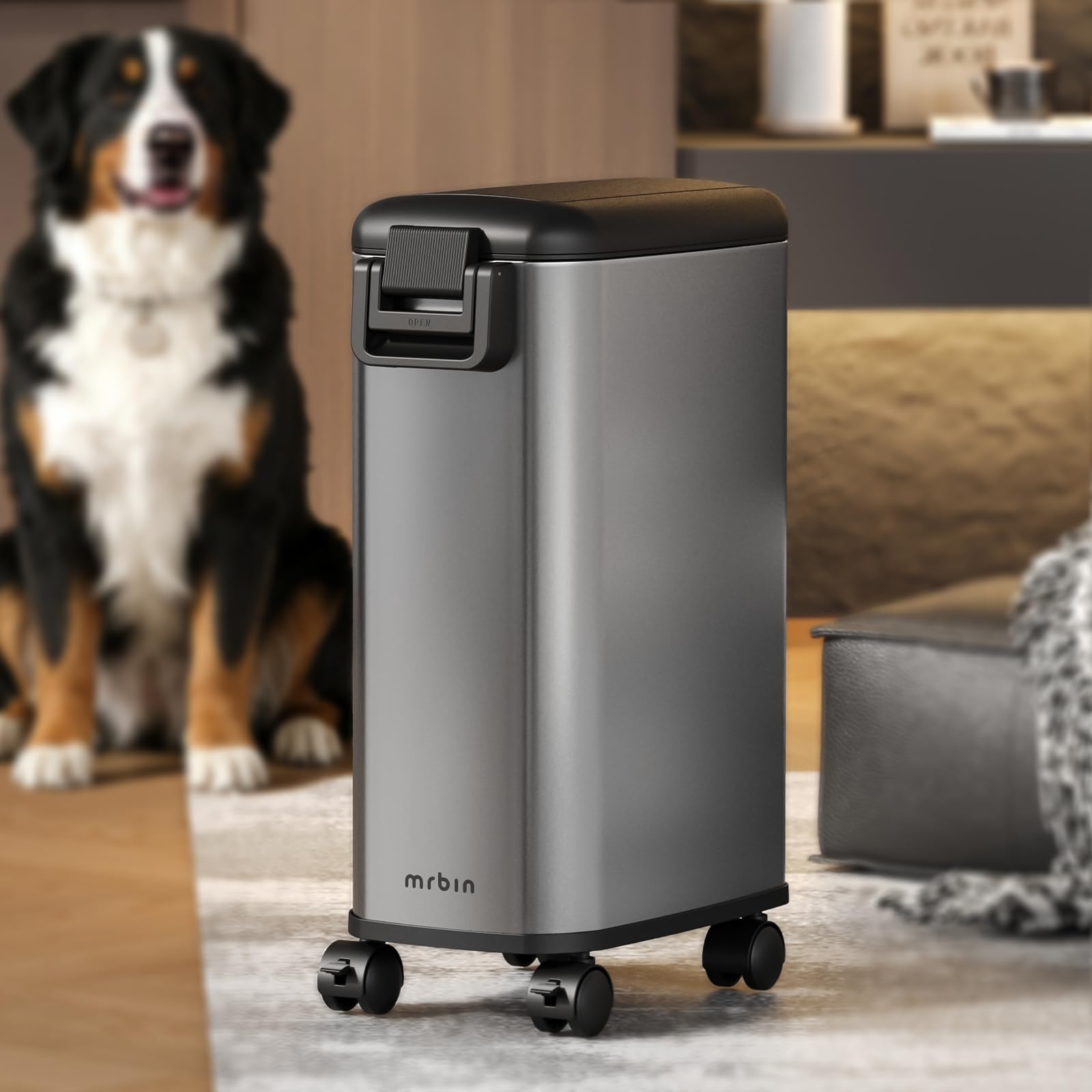 MRBIN Pet Food Bin 20 lb, Dog Food Storage Bin 20L with Scoop Airtight Pet Food Container Stainless Steel Large Containers with Wheels, Eclipse Grey