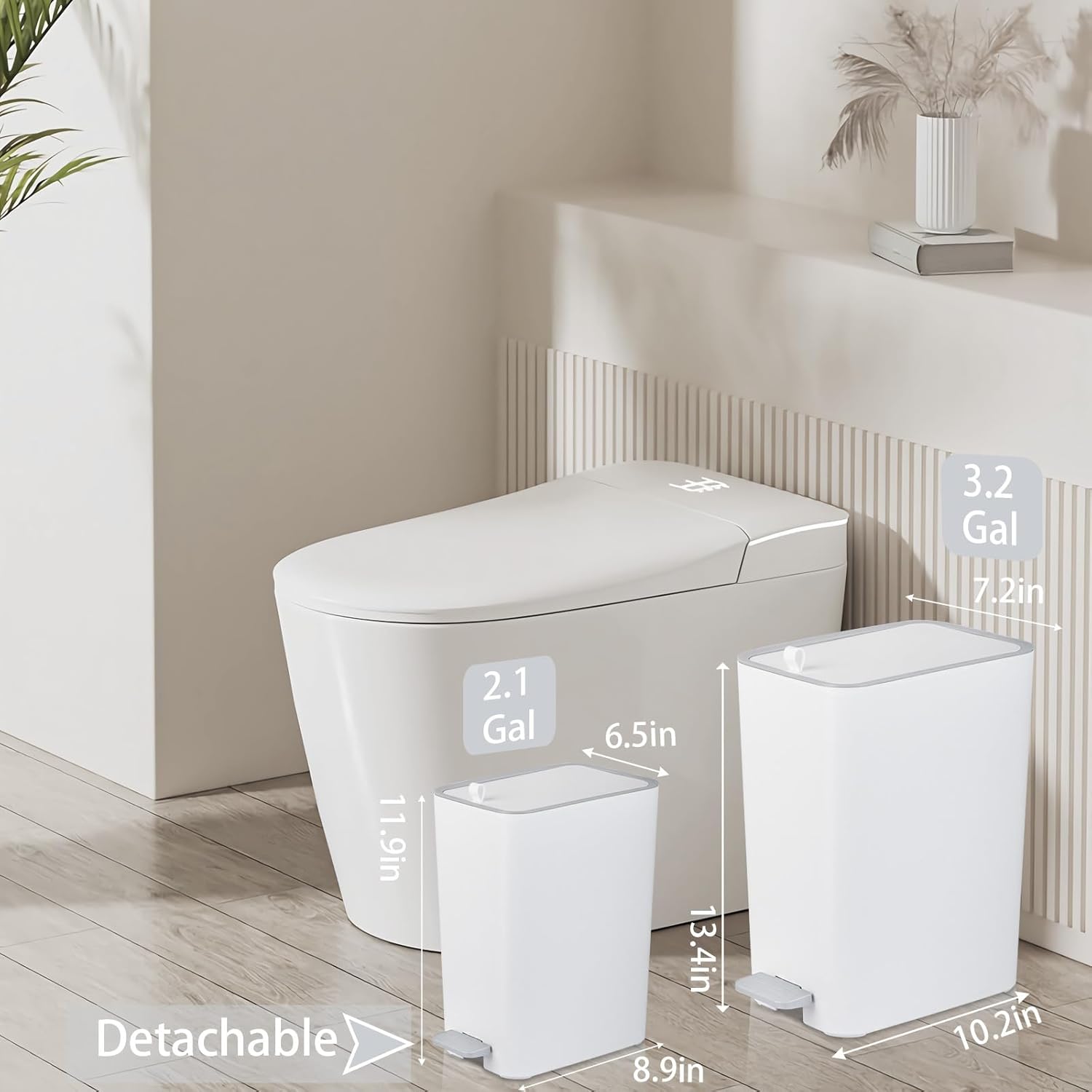 rejomiik Small Bathroom Trash Can with Lid, 3.2 Gallon Step Garbage Can with Handle, Slim Mini Wastebasket Bin for Bedroom, Office, Dorm, White