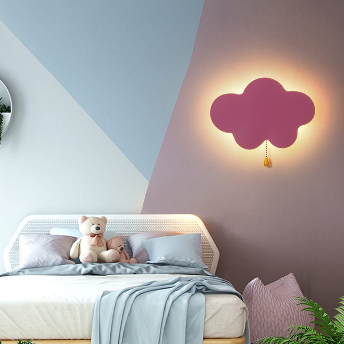 WXKAGF Kinkiety LED dla dzieci Chmura różowa z przełącznikiem z łańcuszkiem Chmura w stylu kreskówki Światło dla dziewczynki Pokój 3 kolorowe ścienne Lampki nocne dla chłopca Sypialnia Przedszkole