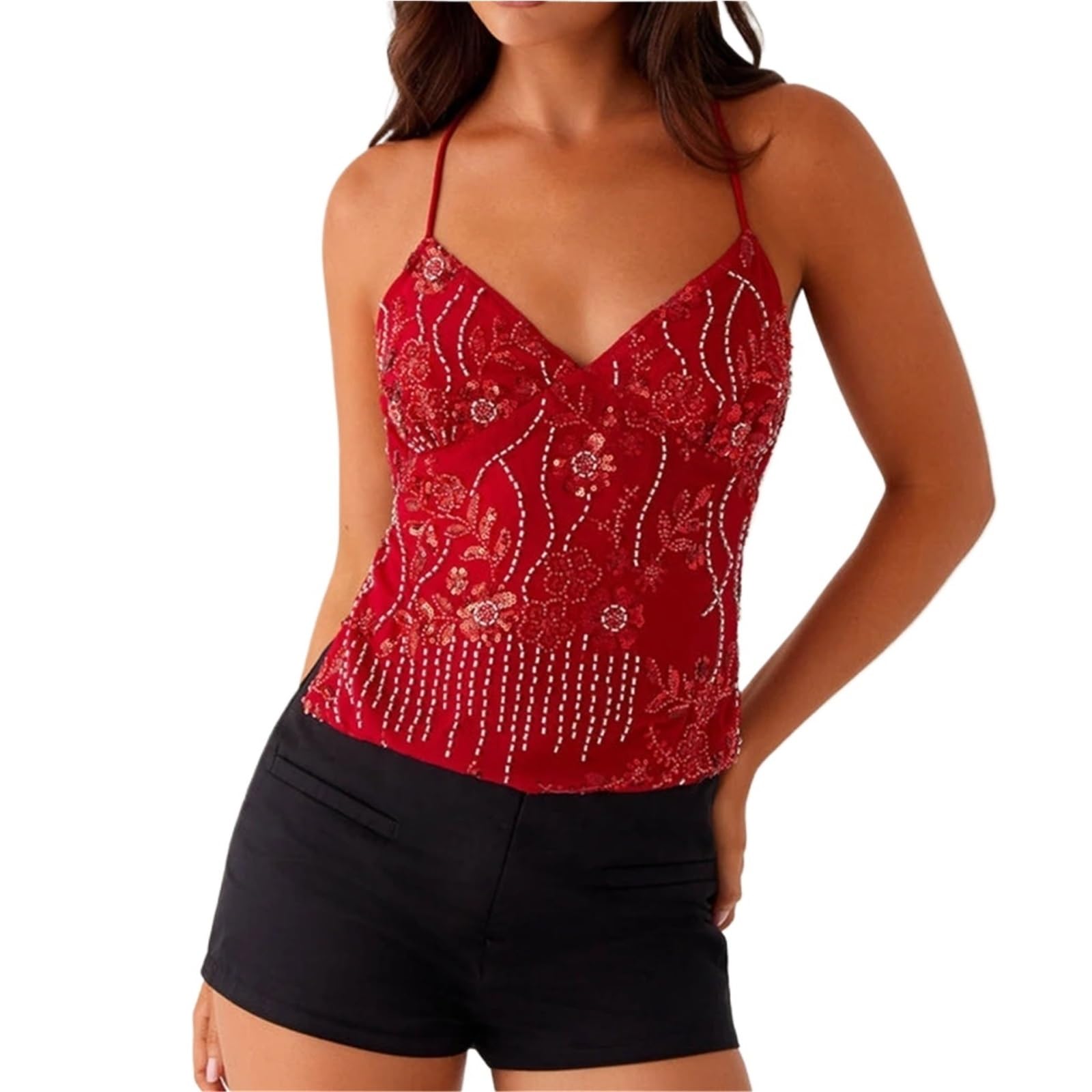 Top con Paillettes Canotta Estiva da Donna Senza Maniche con Perline, Scollo a V, Allacciatura Incrociata, Schiena Nuda, Perle Glitter Paillettes Fiori Ricamati