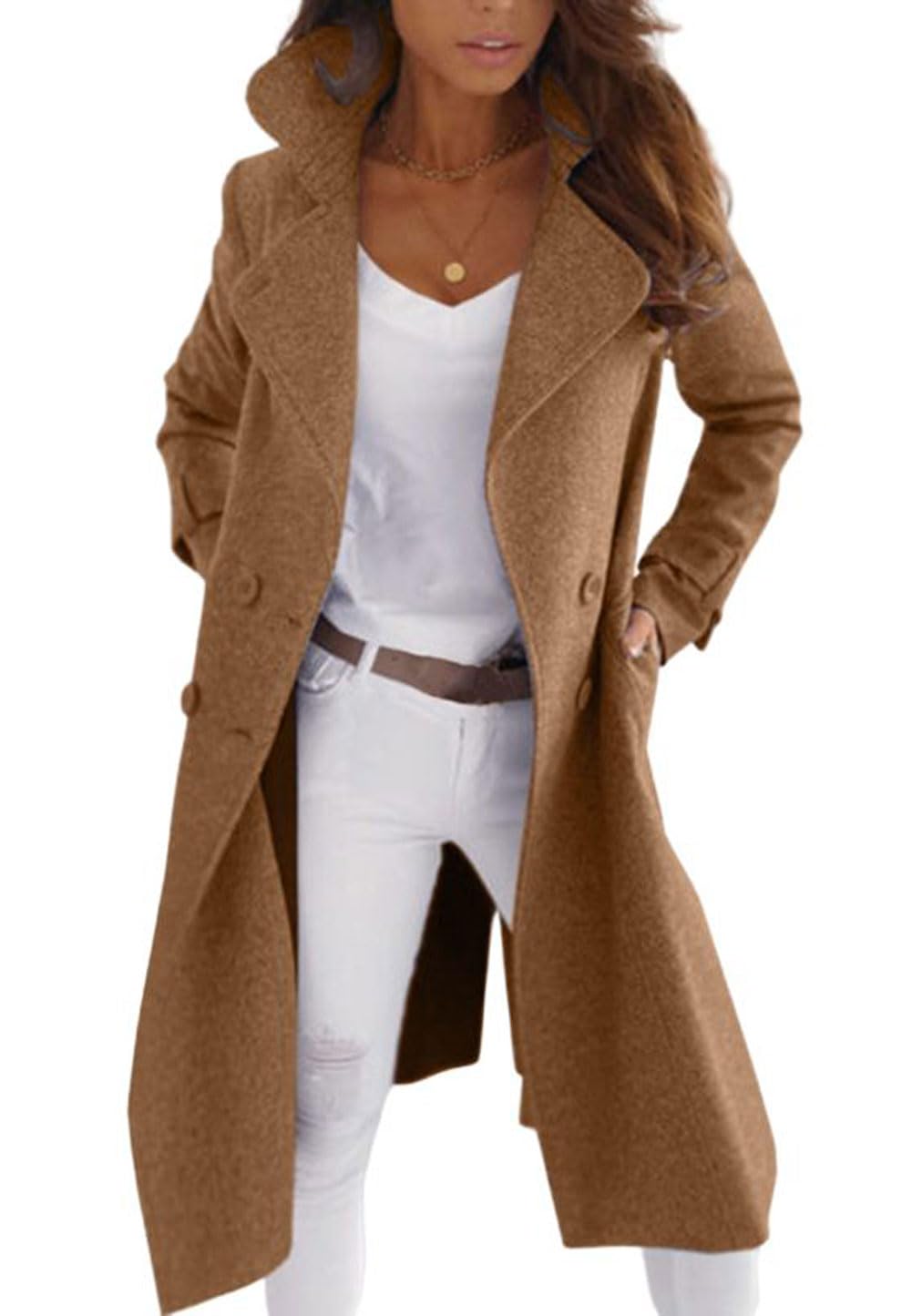 Elegante Cappotto di Pisello Lungo Doppio Petto da Donna Trench Doppio Petto Cappotto a Maniche Lunghe con Risvolto Cappotto Sottile A-Line Cappotto Moda