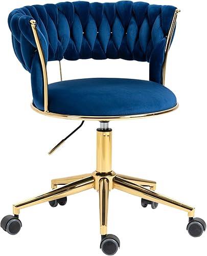 Miniatura 9 de NIOIIKIT Silla de escritorio de oficina de terciopelo con respaldo tejido a mano, giratoria de 360 y sillas de tareas ajustables en altura, silla de