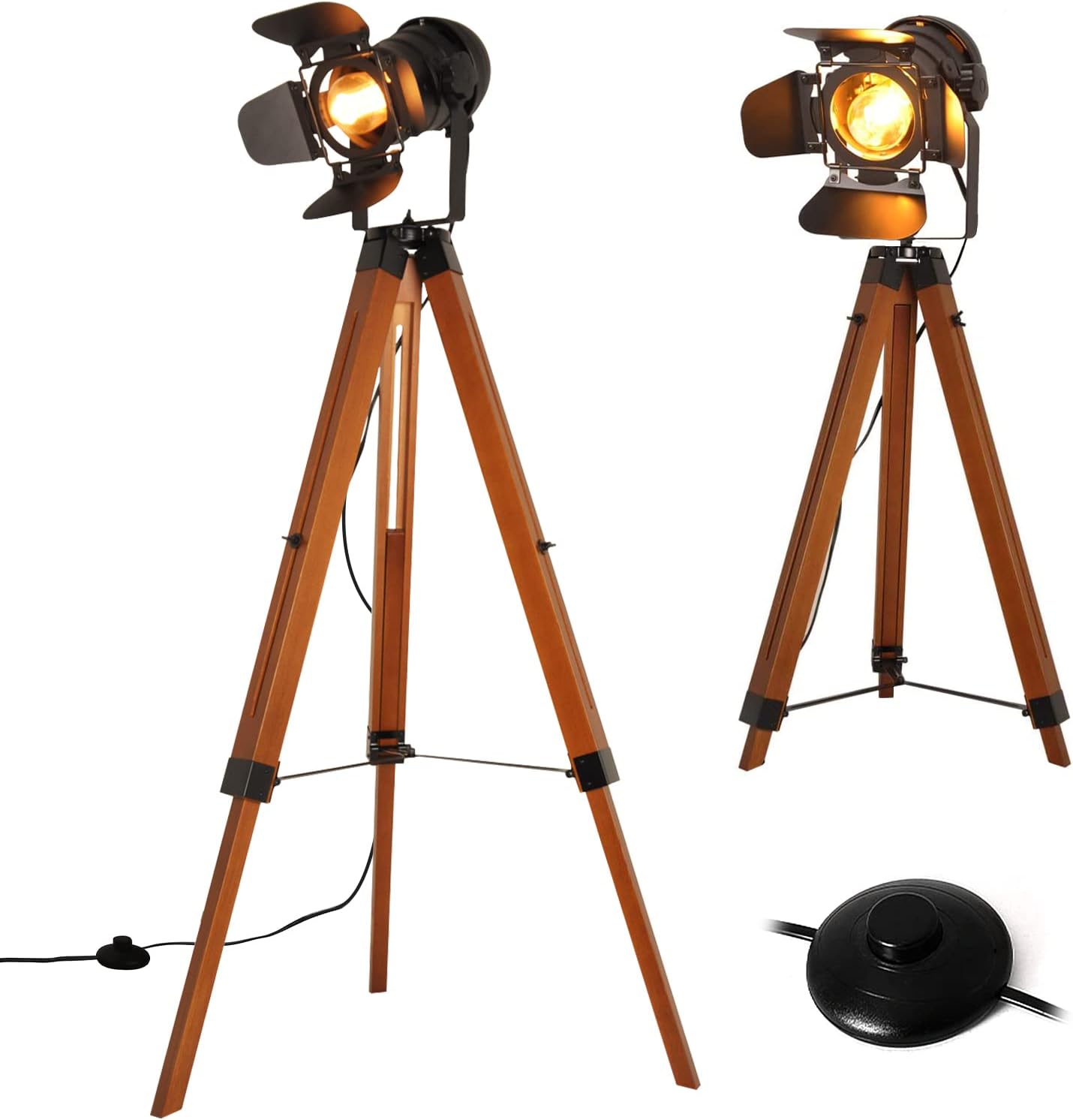 Industrial Tripod Floor Lamp for Living Room, Adjustable Height Black Wooden Tall Standing Lighting with Foot Pedal, Vintage Nautical Retro Spotlight Farmhouse for Bedroom Decoration