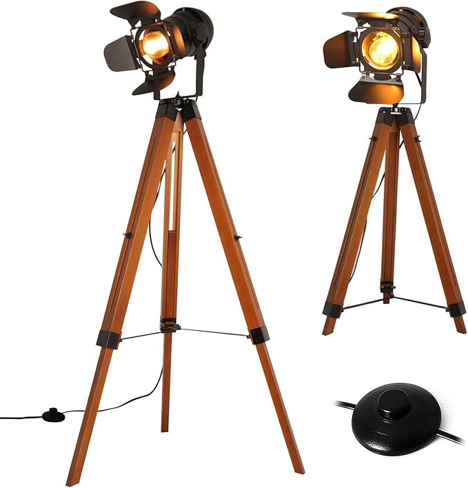 Zompoo Industrial Tripod Floor Lamp for Living Room, Adjustable Height Black Wooden Tall Standing Lighting with Foot Pedal, Vintage Nautical Retro Spotlight Farmhouse for Bedroom Decoration