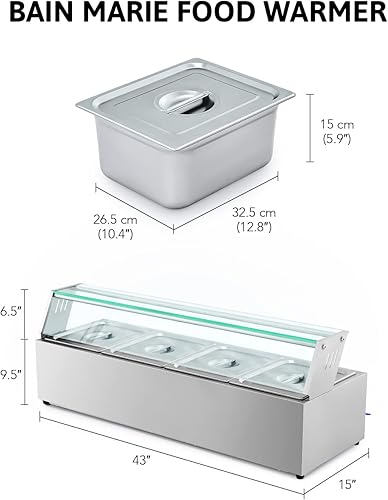 Miniatura 6 de WILPREP Calentador de alimentos comercial de 4 bandejas, mesa de vapor de 40 cuartos de galón, bandeja de calentamiento eléctrico de 1200 W,