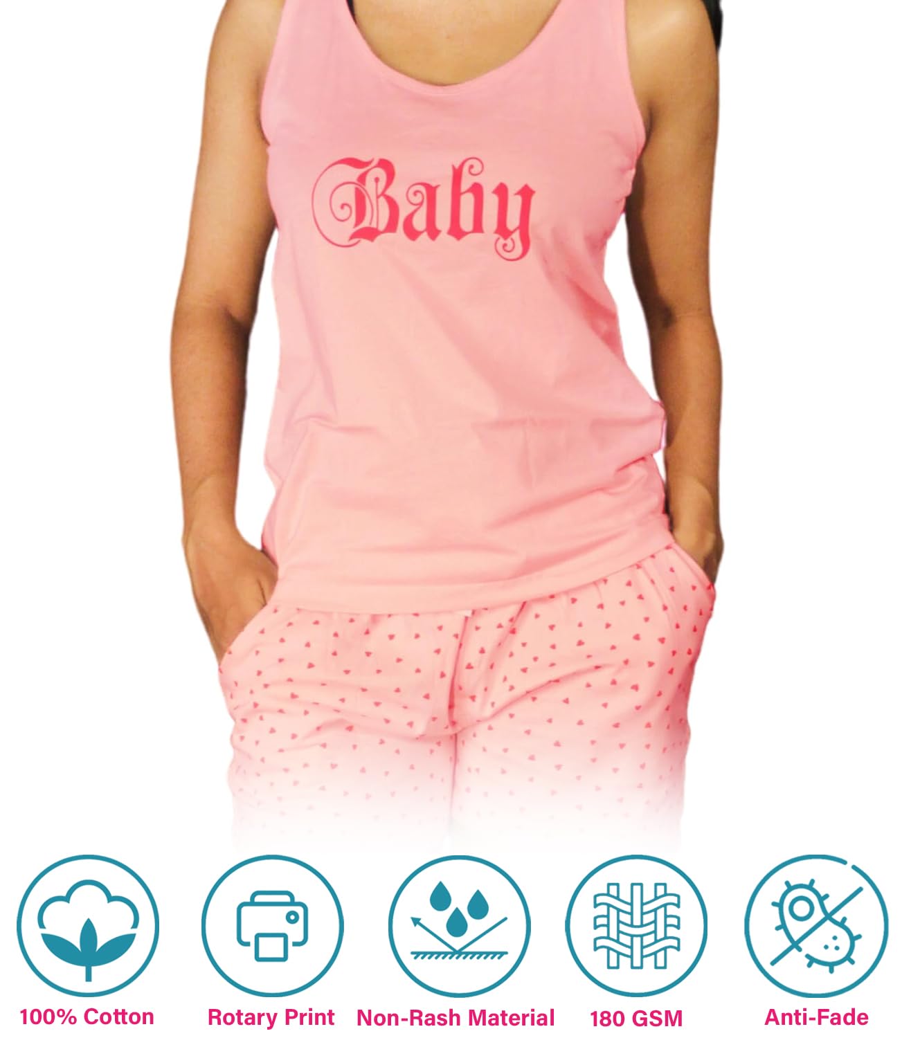 Hestia |Co-Ord Cotton Night Suit for Women| Co-Ord Night Wear Dress Set with Shorts and Tops & T-Shirt | Breathable Fabric | Shrink Free Night Dress Material | Baby Heart Printed | Pink | M | Set 1 - Image 2 thumbnail