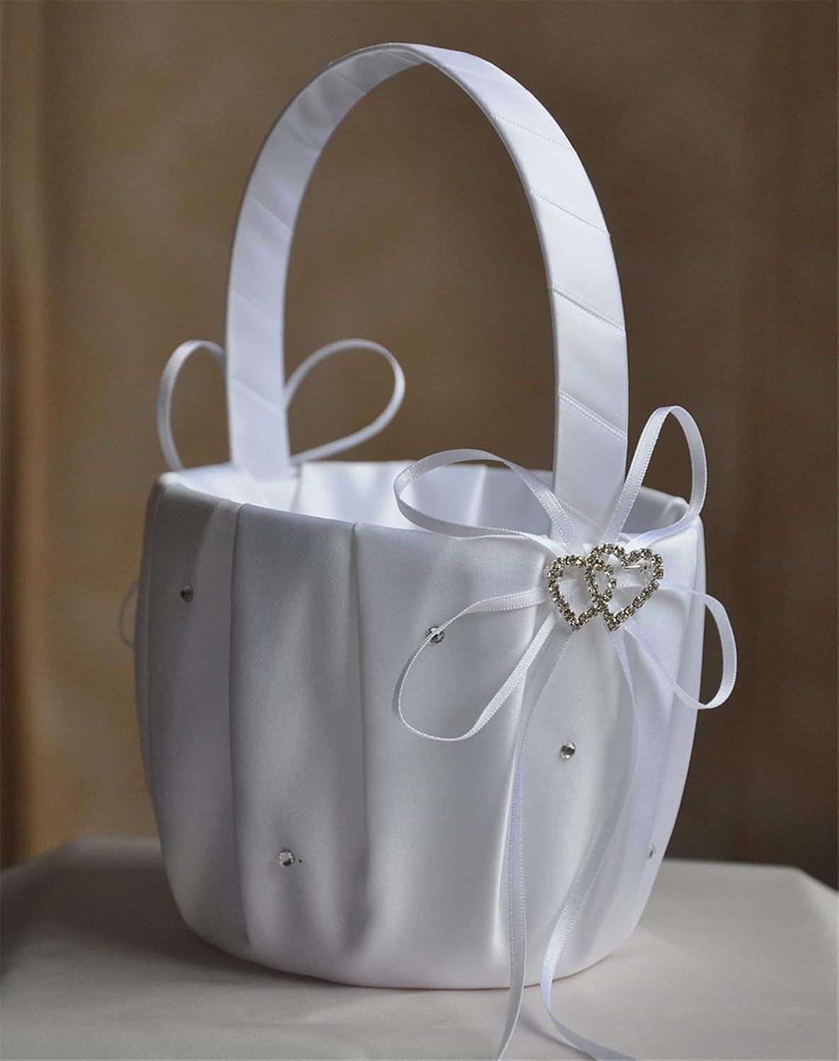 Bridal Thin Bow and Rhinestone Basket Flower Girl Heart-Shape Decor Basket Ring Bearer Basket for Wedding Party Decoration