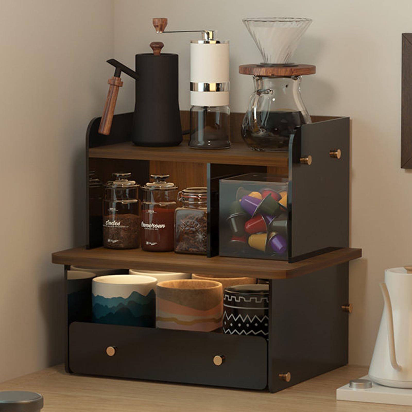Weyot Acrylic Coffee Cup Display Shelf, Kitchen Counter Shelf, Mug Holder Countertop, Coffee Station Organizer, Condiment Storage Rack for Tea Coffee Bar Accessories Brown,32x26x35cm